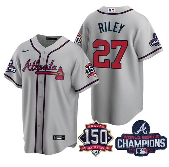 Men's Atlanta Braves #27 Austin Riley 2021 Grey World Series Champions With 150th Anniversary Patch Cool Base Stitched Jersey Men's Atlanta Braves #27 Austin Riley 2021 Grey World Series Champions With 150th Anniversary Patch Cool Base Stitched Jersey